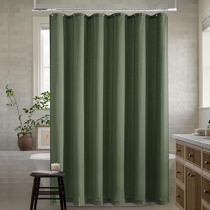 Olive Green Shower Curtain for Bathroom Water Repellent 72x90 Inch | Extra Long, Linen Shower Curtains 90 Inches Long, Boho Shabby Chic Country Rustic, Green, Bath Decor Drapes, with Hooks