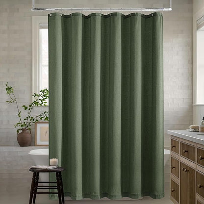 Olive Green Shower Curtain for Bathroom Water Repellent 72x90 Inch | Extra Long, Linen Shower Curtains 90 Inches Long, Boho Shabby Chic Country Rustic, Green, Bath Decor Drapes, with Hooks