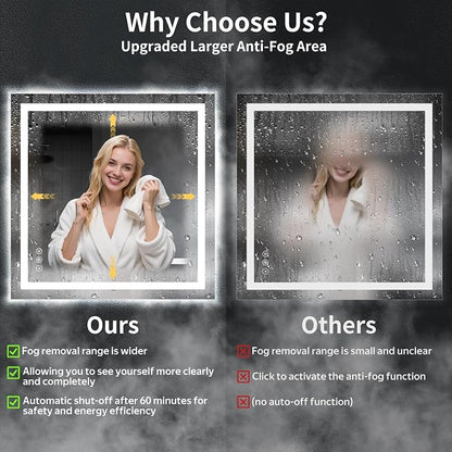 40"x40" LED Bathroom Mirror with Lights, Backlit+Frontlit, Anti-Fog | CRI 95, Stepless Dimmable, 3 Colors Lighting, Shatterproof Tempered Glass, HD Reflection, Memory, (Horizontal/Vertical)
