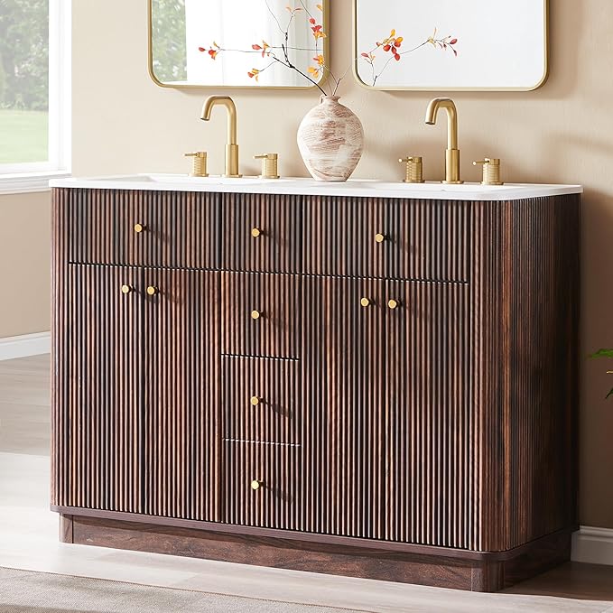 T4TREAM 48 Inch Bathroom Vanity with Sink, Modern Fluted Large Double Sink Bathroom Vanity with 2 Storage Cabinets, Adjustable Shelf, and 2 Drawers, Dark Walnut