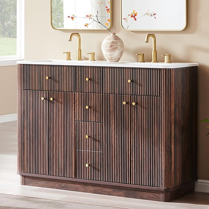 T4TREAM 48 Inch Bathroom Vanity with Sink, Modern Fluted Large Double Sink Bathroom Vanity with 2 Storage Cabinets, Adjustable Shelf, and 2 Drawers, Dark Walnut