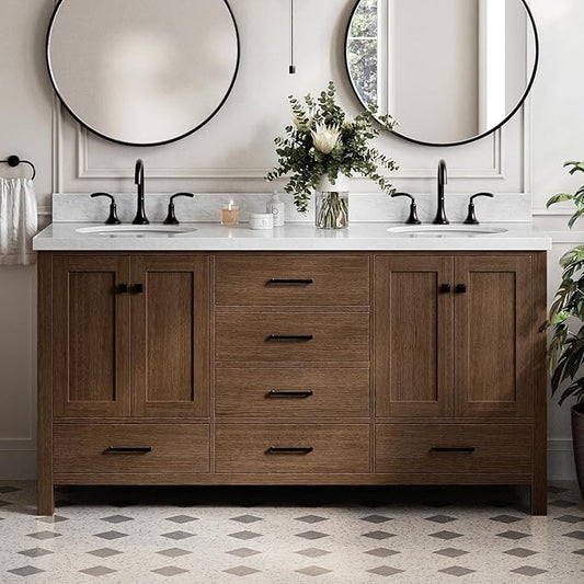 ARIEL Cambridge 66-inch Bathroom Vanity with Sink,Solid Wood, 1.5-inch Italian Carrara Marble Countertop, Double Oval Porcelain Sink, 4 Soft Closing Doors, 6 Dovetail Drawers, Brown Oak