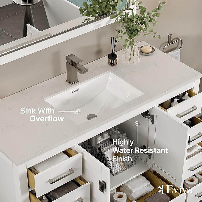 Eviva London 54 Inch Bathroom Vanity with Countertop, White Vanity Bathroom Sink Cabinet W/Quartz Countertop Porcelain Single Sink Design for Modern Bathrooms