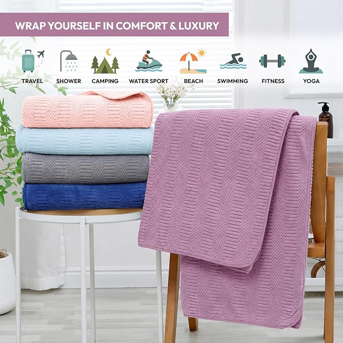 JML Microfiber Bath Towels, 2 Pack, 27x55 in, Purple | Soft, Super Absorbent, Quick Dry, Lint-Free, Lightweight Bathroom Towel with Hanging Loop for Daily Use