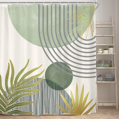 Mid Century Mint Green Boho Abstract Modern Bathroom Shower Curtain Set | 72Wx78H Plant Botanical design, waterproof HD print with fast-drying fabric and 12 hooks.