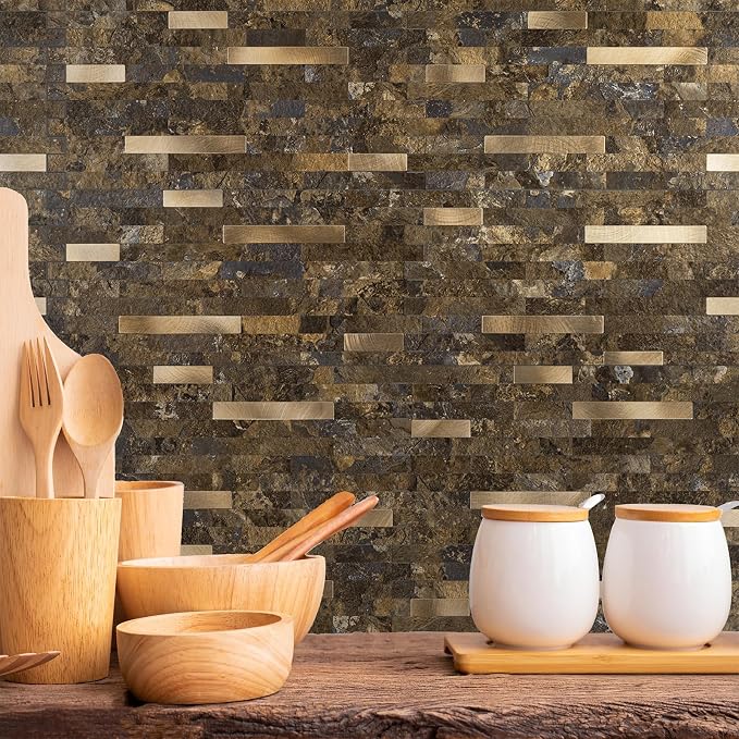 StyloVue 20 Sheets Peel and Stick Backsplash for Kitchen, Rust Slate with Metal Gold Look Stick on Tile Upgrade Your Kitchen Backsplash, RV, Fireplace