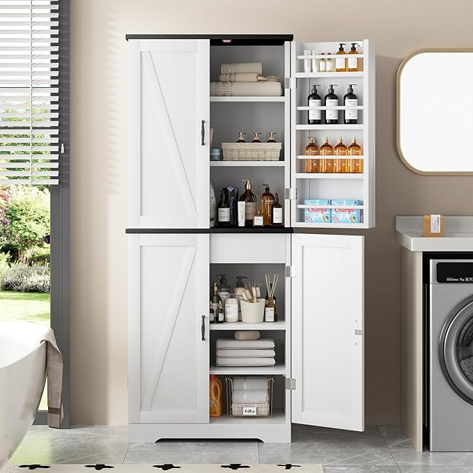 Shintenchi Kitchen Pantry Cabinet, Farmhouse Tall Cupboard Storage, White | Freestanding, with 8 Door Shelves, 2 Cabinets and 1 Drawer, for Kitchen, Living Room, Dining Room and Bathroom