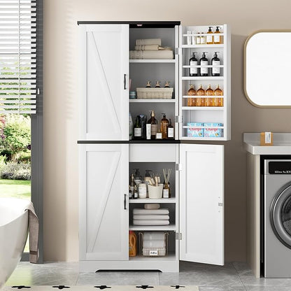 Shintenchi Kitchen Pantry Cabinet, Farmhouse Tall Cupboard Storage, White | Freestanding, with 8 Door Shelves, 2 Cabinets and 1 Drawer, for Kitchen, Living Room, Dining Room and Bathroom