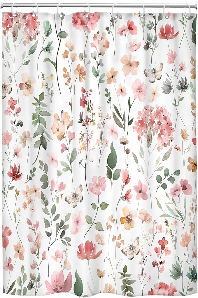 Pink Blush Coral Flower Floral Narrow Leaves Bathroom Shower Curtain Set | 48"W x 72"H Wildflower Plants; waterproof HD print, quick-dry fabric and plastic hooks for easy setup.