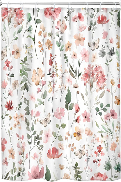 Pink Blush Coral Flower Floral Narrow Leaves Bathroom Shower Curtain Set | 48"W x 72"H Wildflower Plants; waterproof HD print, quick-dry fabric and plastic hooks for easy setup.