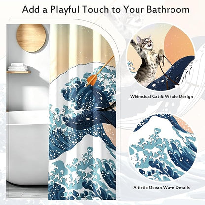 Aimego Stall Small Shower Curtain - Funny Cute Cat Riding Whale Holding Trident in Ocean Wave, Shark Cat Narrow Half Fabric Cloth Fun Shower Curtain Set for Bathroom Decor Bath Curtain, 36"x72"