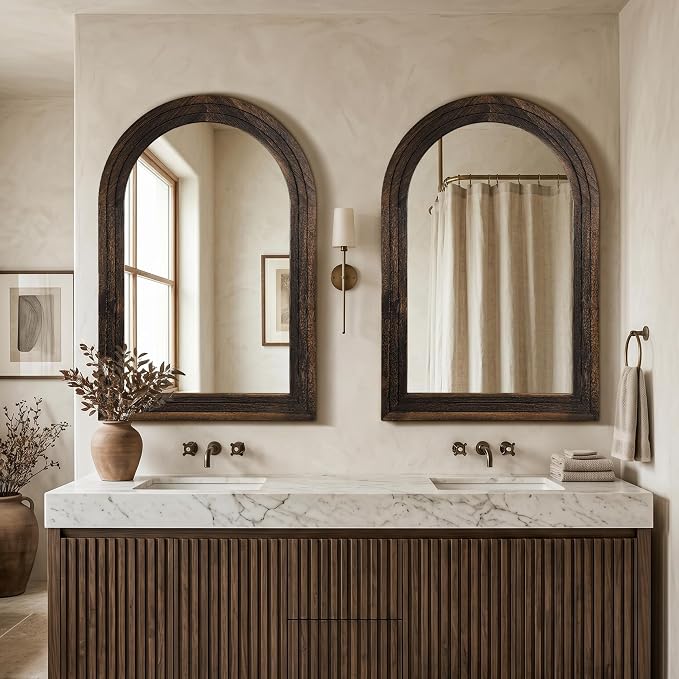 Arched Bathroom Mirror, 45"x30" Brown Wood Frame Wall Mirror | Farmhouse Vintage Vanity Mirror with Layered Frame for Entryway, Living Room, Bedroom