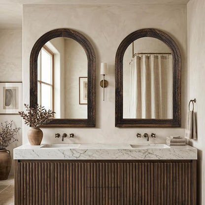 Arched Bathroom Mirror, 45"x30" Brown Wood Frame Wall Mirror | Farmhouse Vintage Vanity Mirror with Layered Frame for Entryway, Living Room, Bedroom