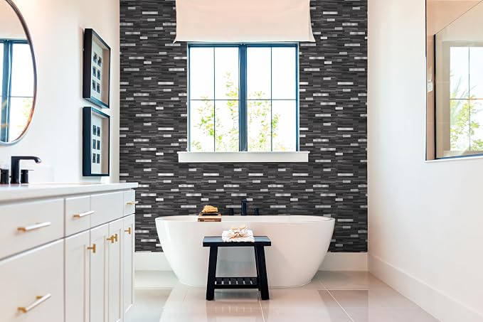 Yipscazo 2 Sheets Peel and Stick Stone Metal Backsplash, PVC Wall Tiles Stick on Tiles for Backsplash Kitchen, Bathroom, Fireplace (6'' X 12'', Black Wood)