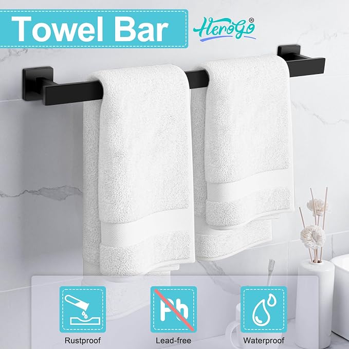 Herogo 5 Pieces Bathroom Accessories Set, 23.5 Inch Matte Black Bathroom Hardware Set, Including Toilet Paper Holder, Hand Towel Holder, Hooks & Ring, Bath Towel Racks Bars Wall Mount