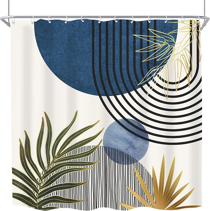 Mid Century Blue Green Boho Abstract Modern Bathroom Shower Curtain Set | 72Wx72L S Plant design, waterproof HD print with fast-drying fabric and 12 hooks.