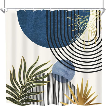 Mid Century Blue Green Boho Abstract Modern Bathroom Shower Curtain Set | 72Wx72L S Plant design, waterproof HD print with fast-drying fabric and 12 hooks.