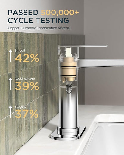 FORIOUS Polished Chrome Bathroom Faucet 1 Hole, Single Handle Single Hole Bathroom Faucet Chrome with Deck Plate and Pop Up Drain, CUPC Hoses for One Handle Vanity Sink, Rv, Camper