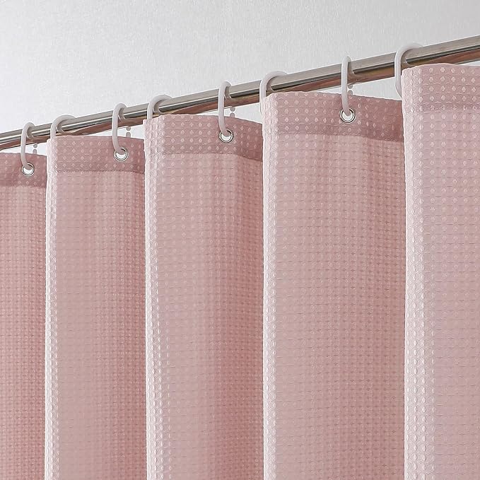 Extra Long Shower Curtain Set- 96 Inch Long Waffle Weave Heavy Duty Fabric Shower Curtains for Bathroom, Luxury Heavy Duty Thick Cloth Shower Curtain with 12 Plastic Hooks, 72x96, Blush Pink