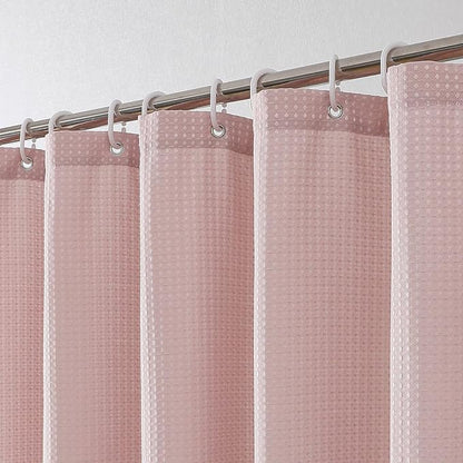 Extra Long Shower Curtain Set- 96 Inch Long Waffle Weave Heavy Duty Fabric Shower Curtains for Bathroom, Luxury Heavy Duty Thick Cloth Shower Curtain with 12 Plastic Hooks, 72x96, Blush Pink