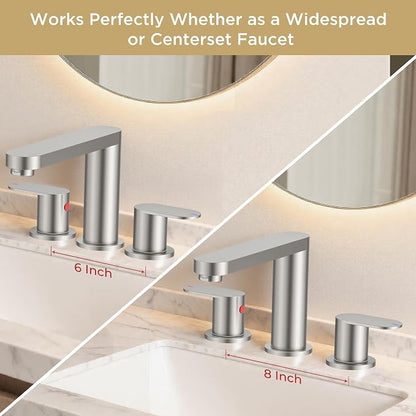 QFN Bathroom Faucet 3 Hole 8" Widespread Vanity Sink Faucet Brushed Nickel | 304 Stainless Steel Bathroom Sink Faucet with Pop-up Drain, 6-12 Inch 3 Hole Install, for RV Laundry Farmhouse Restroom Sink