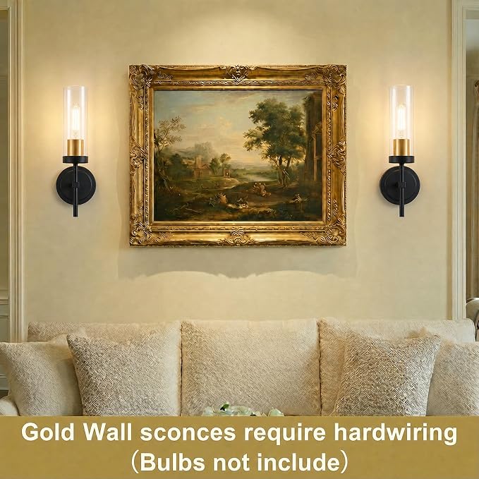 Hardwired Black and Gold Wall Sconce Set of Two Bathroom Sconces | Modern Brushed Gold Vanity Light for Bathroom Mirror Living Room Bedroom Hallway Stairs