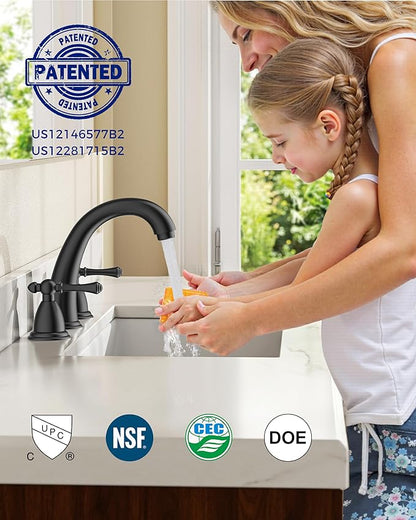 FORIOUS Black Bathroom Sink Faucet 8 Inch, Widespread Bathroom Faucet 3 Hole with Pop Up Drain and Water Hose Supply, 2 Lever Handle Design,for Vanity RV Farmhouse Sink