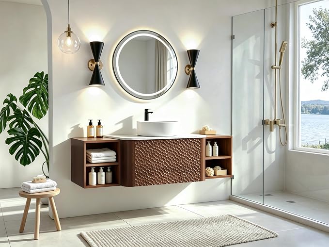 54 Inch Modern Bathroom Vanity with Ceramic Sink, Floating Bathroom Sink Cabinet with Sintered Stone Top&Solid Wood Hammered Frame, Single Bathroom Vanities w/Soft-Close Drawer&2 Side Open Cube