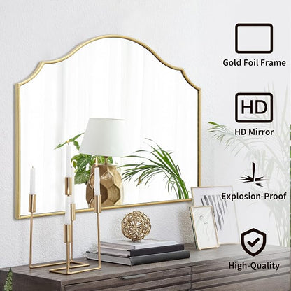 Besdomus Gold Scalloped Dresser Mirror: 35"x26" Wooden Bathroom Mirror | Modern Minimalist Decorative Arched Wall Mirror for Vanity/Mantel/Bedroom/Entryway/Fireplace/Nightstand/Dining Room/Over Sink