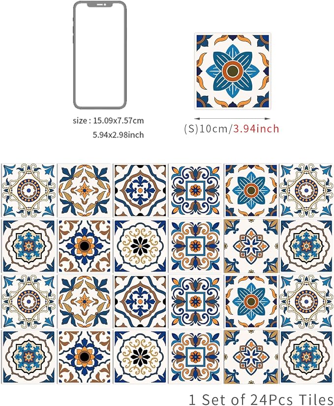 Easy Peel Stick Vinyl wall Tile Decals 4x4in Stick on backsplash,24Pc | Waterproof&heat resistant tile stickers for kitchen RV laundry backsplash decor,remove no damaging wall,rustic style