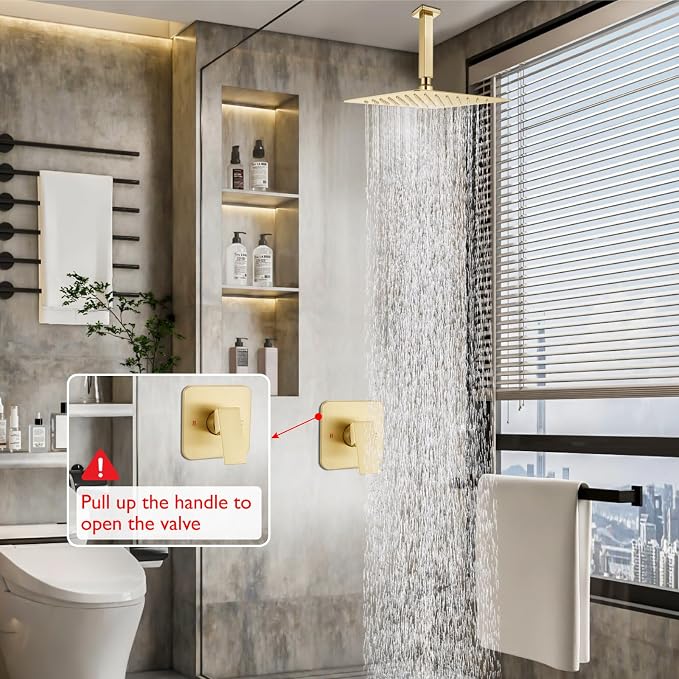 Heyalan 10-Inch Ceiling Mount Shower Faucet Set with Valve, Brushed Gold | Rainfall shower head, ceiling-mount design, SUS304 steel, adjustable angle, single-handle control