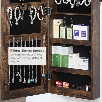 GISSAR Full Length Mirror Jewelry Cabinet, 6 LEDs Jewelry Armoire Wall Mounted Over The Door Hanging, Jewelry Organizer Display Storage Furniture with Lights Locker Mirrored Cabinet, Vintage Brown