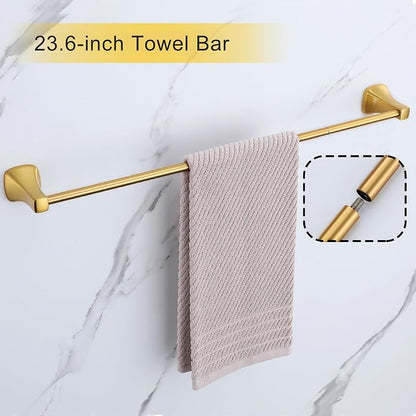 Brushed Gold Bathroom Hardware Set 4 Piece Gold Bathroom Accessories Set, 23.6 inch Bath Towel Bar Set | Towel Hook | Toilet Paper Holder | Hand Towel Holder