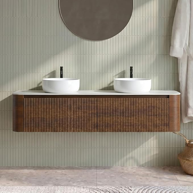 72" Preassembled Double Floating Bathroom Vanity with Round Sink, Walnut | Mid-Century Modern Style, Fluted & Soft-Close Drawer with U-shaped Wall, Sinterted Stone Countertop, Towel Rack Included