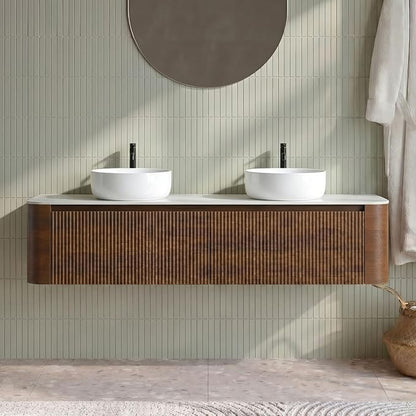 72" Preassembled Double Floating Bathroom Vanity with Round Sink, Walnut | Mid-Century Modern Style, Fluted & Soft-Close Drawer with U-shaped Wall, Sinterted Stone Countertop, Towel Rack Included