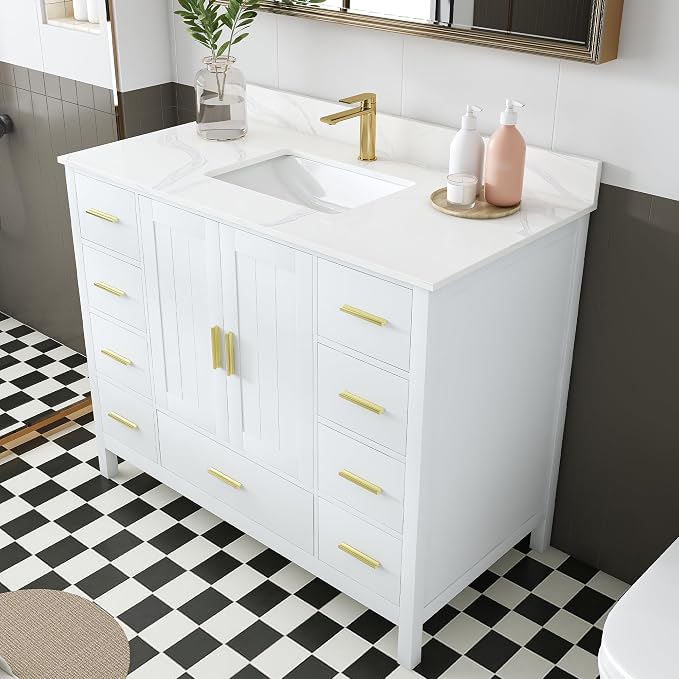 42 Inch Bathroom Vanity with Sink&Countertop,Carrara White Quartz Vanity Top with Sink&Backsplash,White Bathroom Cabinet Set with 2 Doors and 9 Drawer(Single Hole)