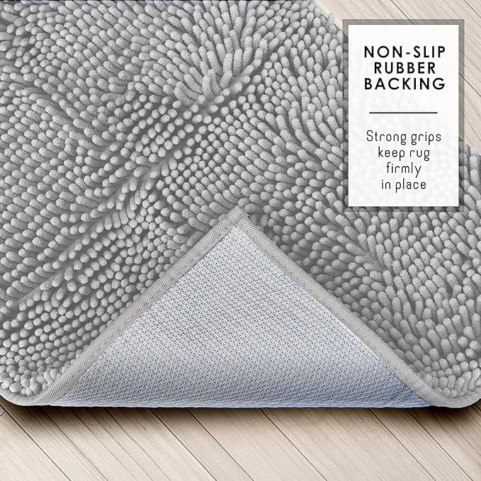 Hearth & Harbor Bathroom Rugs, Chenille Bath Mat - Machine Washable Bath Mats for Bathroom Non-Slip Backing Rubber, Quick Dry Bathroom Mat - Silver 24x36