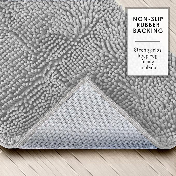 Hearth & Harbor Bathroom Rugs, Chenille Bath Mat - Machine Washable Bath Mats for Bathroom Non-Slip Backing Rubber, Quick Dry Bathroom Mat - Silver 17x24-20x24