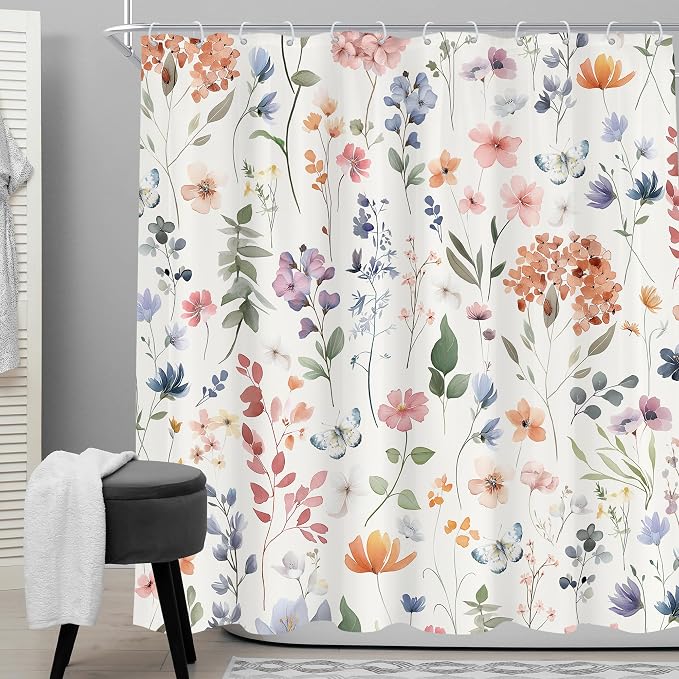 Boho Flower Colorful Wildflower Floral Women Bathroom Shower Curtain Set | 72"W x 72"H Girls Girly; waterproof HD print, quick-dry fabric and plastic hooks for easy setup.