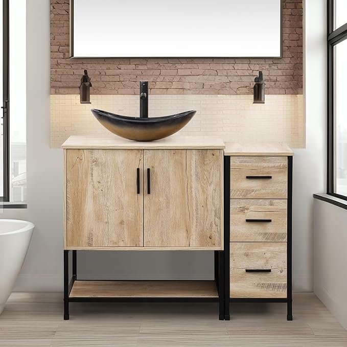 UEV 42" Rustic Oak Bathroom Vanity with Sink Combo,Industrial Iron Frame Bathroom Cabinet Sets with 3 Drawers Side Cabinet,Modern Champagne Boat Tempered Glass Vessel Sink(029CH)