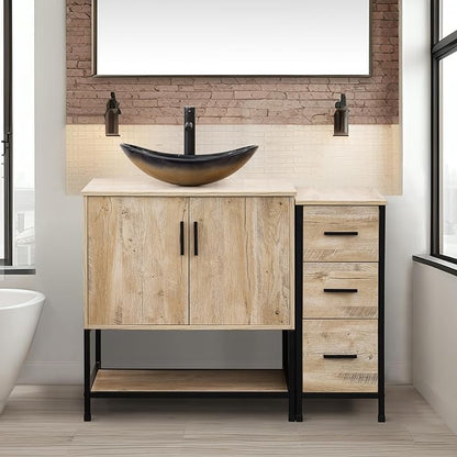 UEV 42" Rustic Oak Bathroom Vanity with Sink Combo,Industrial Iron Frame Bathroom Cabinet Sets with 3 Drawers Side Cabinet,Modern Champagne Boat Tempered Glass Vessel Sink(029CH)