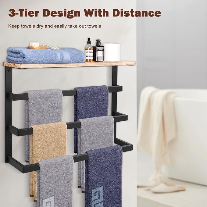 NearMoon Hanging Towel Rack for Bathroom, Thicken Metal Towel Holder with Wood Shelf, 3-Tier Towel Bar Storage, Wall Mounted Towel Hangers Bath Decor Organizer Accessories (24 Inch, Matte Black)