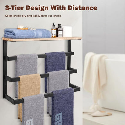 NearMoon Hanging Towel Rack for Bathroom, Thicken Metal Towel Holder with Wood Shelf, 3-Tier Towel Bar Storage, Wall Mounted Towel Hangers Bath Decor Organizer Accessories (24 Inch, Matte Black)