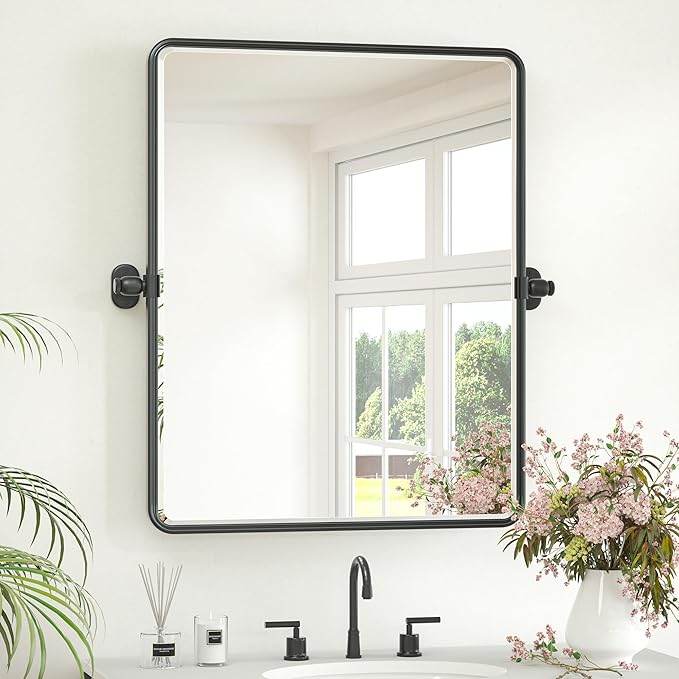 Keonjinn 24x30 Inch Black Povit Mirror for Bathroom, Tilt Mirror | Tenmpered Glass, Rectangle, Adjustable Bathroom Mirrors for Over Sink, Farmhouse, Metal Framed, Horizontal/Vertical