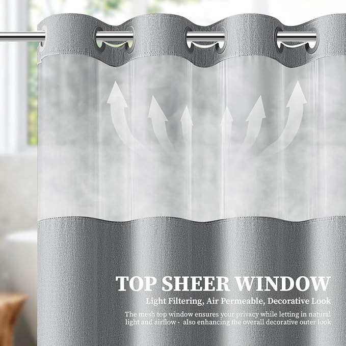 72x81 Ringless Linen Textured Shower Curtain with Snap in Liner, Grey | Tall Size, 3 in 1 Shower Curtain Set, Removable Liner, Waterproof & Washable, Mesh Top Window, Durable Fabric, Easy Setup