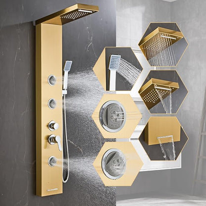 6 in1 Multi-Function Shower Panel Tower System-Brushed Gold | 304 stainless steel Shower Panel Column Tower with Powerful Body Massage, Rainfall, Waterfall,Handheld and Tub Spout