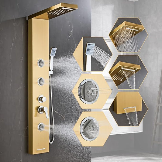 6 in1 Multi-Function Shower Panel Tower System-Brushed Gold | 304 stainless steel Shower Panel Column Tower with Powerful Body Massage, Rainfall, Waterfall,Handheld and Tub Spout