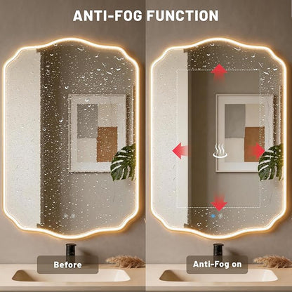POZINO 30"x22" Scalloped LED Bathroom Mirror with Lights, Gold Metal Frame | Beveled Edge, 3 Color Dimmable, Anti-Fog, Memory Function, IP65 Waterproof, Smart Bathroom Vanity Mirror with Front Lights