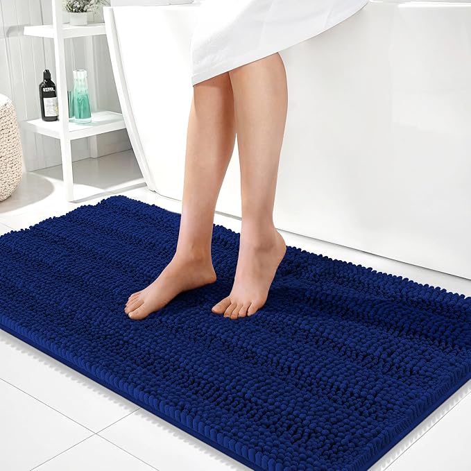 OLANLY Thick Bathroom Runner Rugs 44x24, Soft Chenille Long Bath Rugs, Navy | Absorbent Striped, Rubber Backing, Machine Wash, Bath Mats for Bathroom Floor, Tub and Shower, Home Decor Accessories
