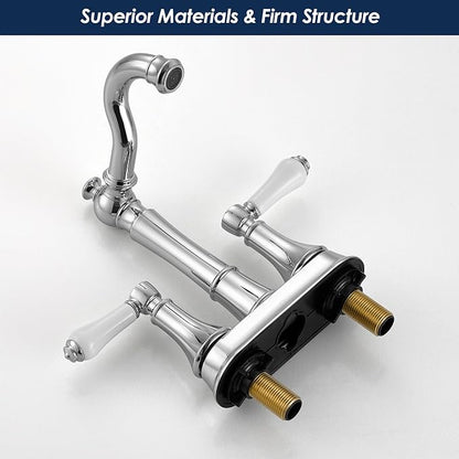 Porcelain 2-Handle Polished Chrome Bathroom Faucet 4" Centerset | with Plastic Pop-up Drain and Two 23.6" Supply Lines, Classical 4" Bath Vanity Sink Faucets for 2/3-Hole Sinks, Brass Spout